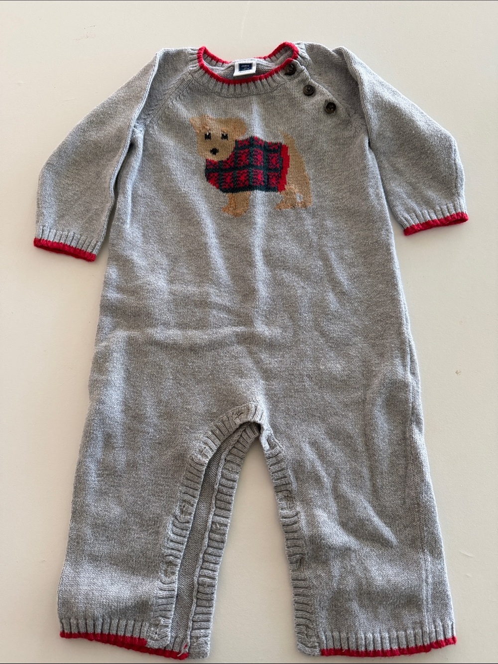 Janie and Jack Gray Knit One-Piece with Dog Motif and Red Trim 6-12 months